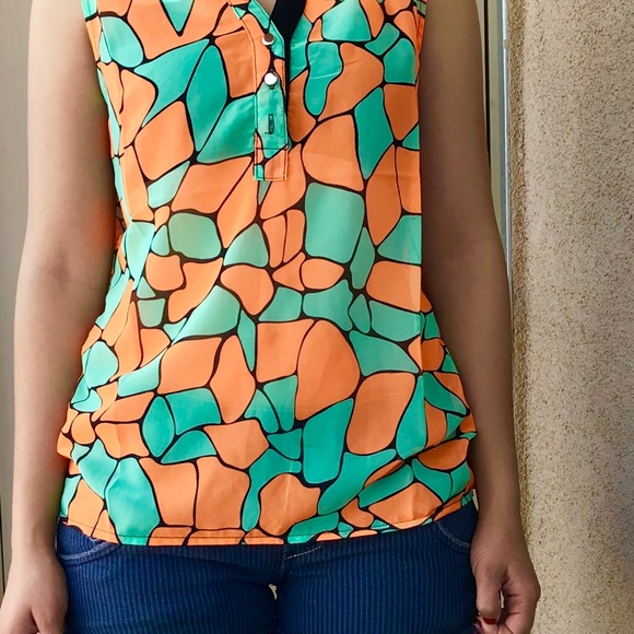 Summer Multi-Color Pattern Loose Teal & Orange Top - Picture 6 of 7